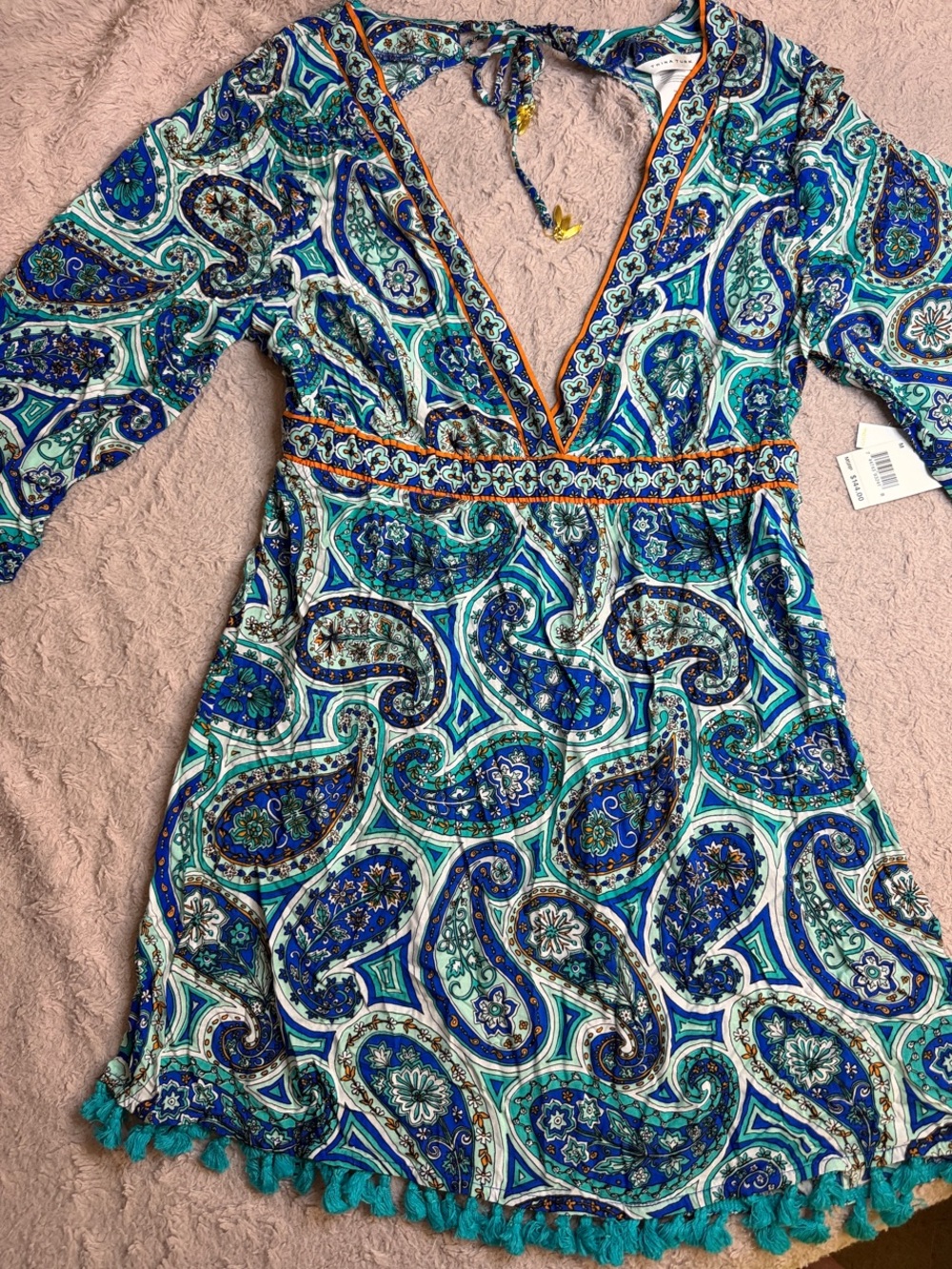 Trina Turk Teal and Blue Paisley V-Neck Mini Dress